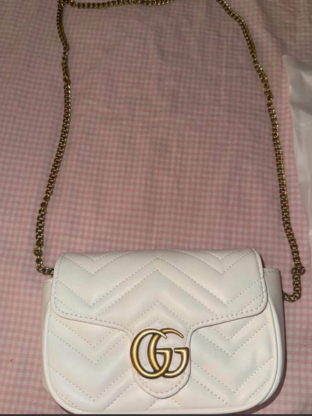 White Quilted Crossbody Bag with Gold Double G Chain